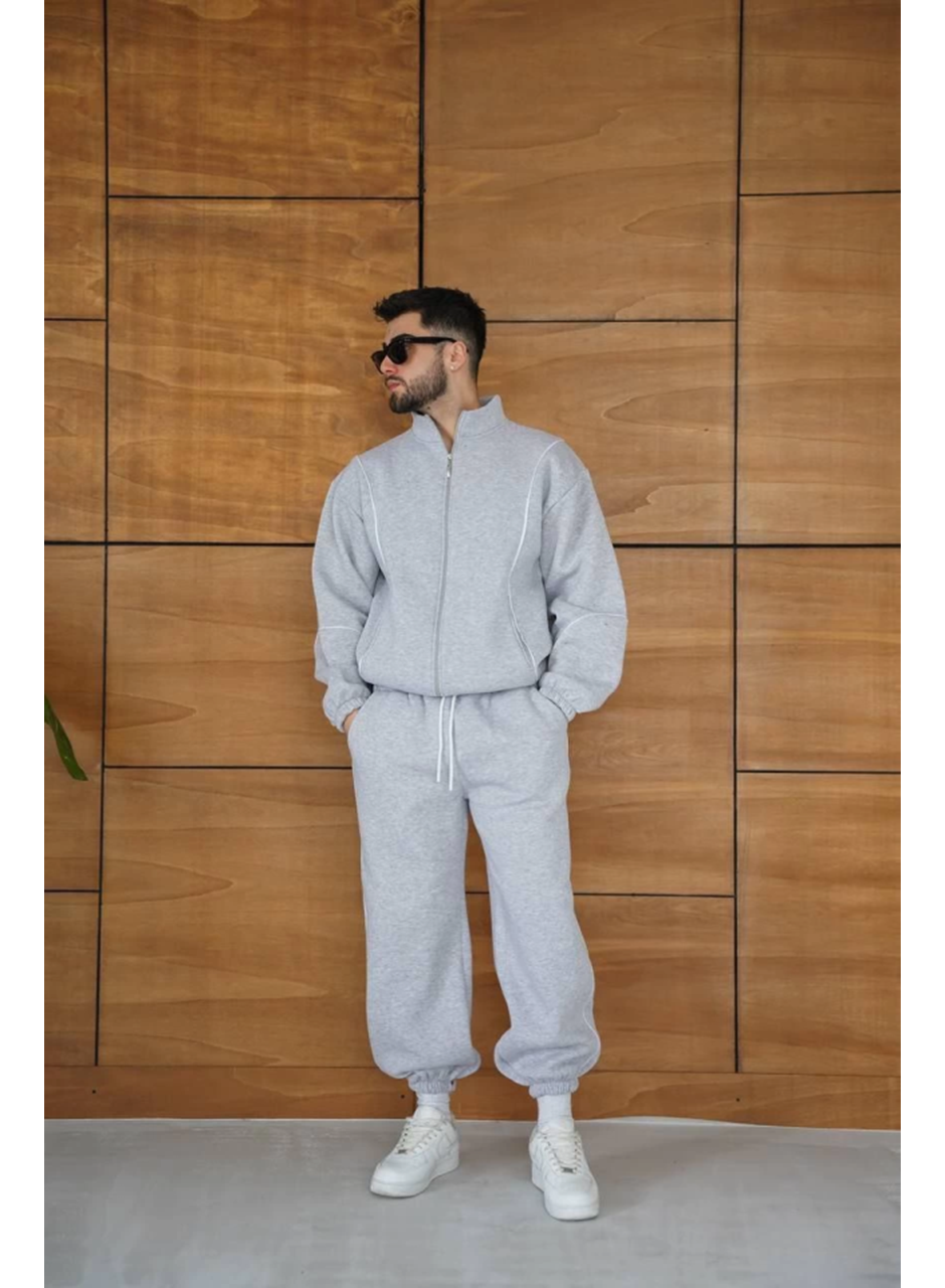 Erkek Premium Parçalı Eşofman Takım - Dik Yaka Fermuarlı Biyeli Sweatshirt Lastik Paça Alt, Oversize 3 Iplik Şardonlu - Gri