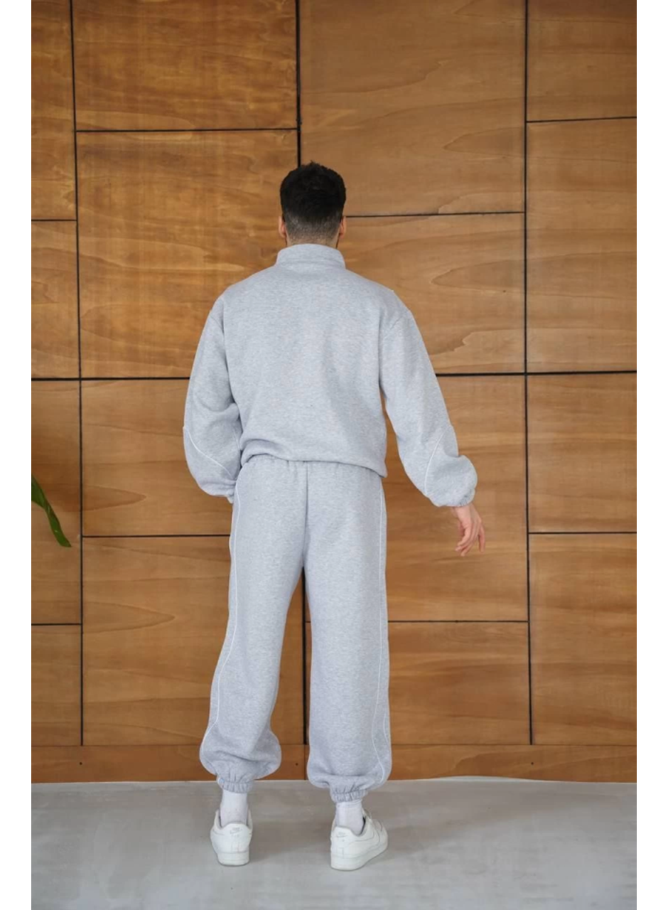 Erkek Premium Parçalı Eşofman Takım - Dik Yaka Fermuarlı Biyeli Sweatshirt Lastik Paça Alt, Oversize 3 Iplik Şardonlu - Gri