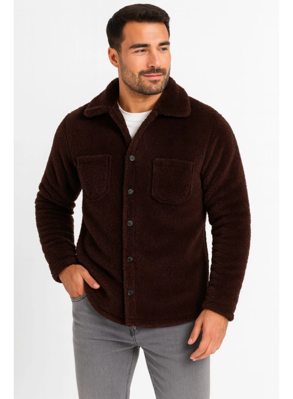 Erkek Pelüş Polar Hırka Gömlek – Yakalı, İlik Düğmeli, Göğüs Cepli, Yumuşak Dokulu Kışlık Regular Fit Rahat Günlük Model - Kahverengi