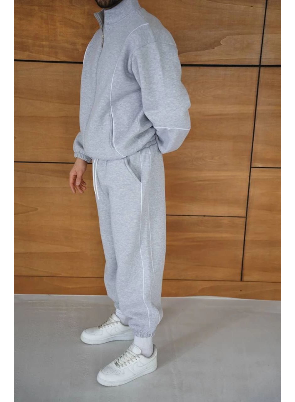 Erkek Premium Parçalı Eşofman Takım - Dik Yaka Fermuarlı Biyeli Sweatshirt Lastik Paça Alt, Oversize 3 Iplik Şardonlu - Gri