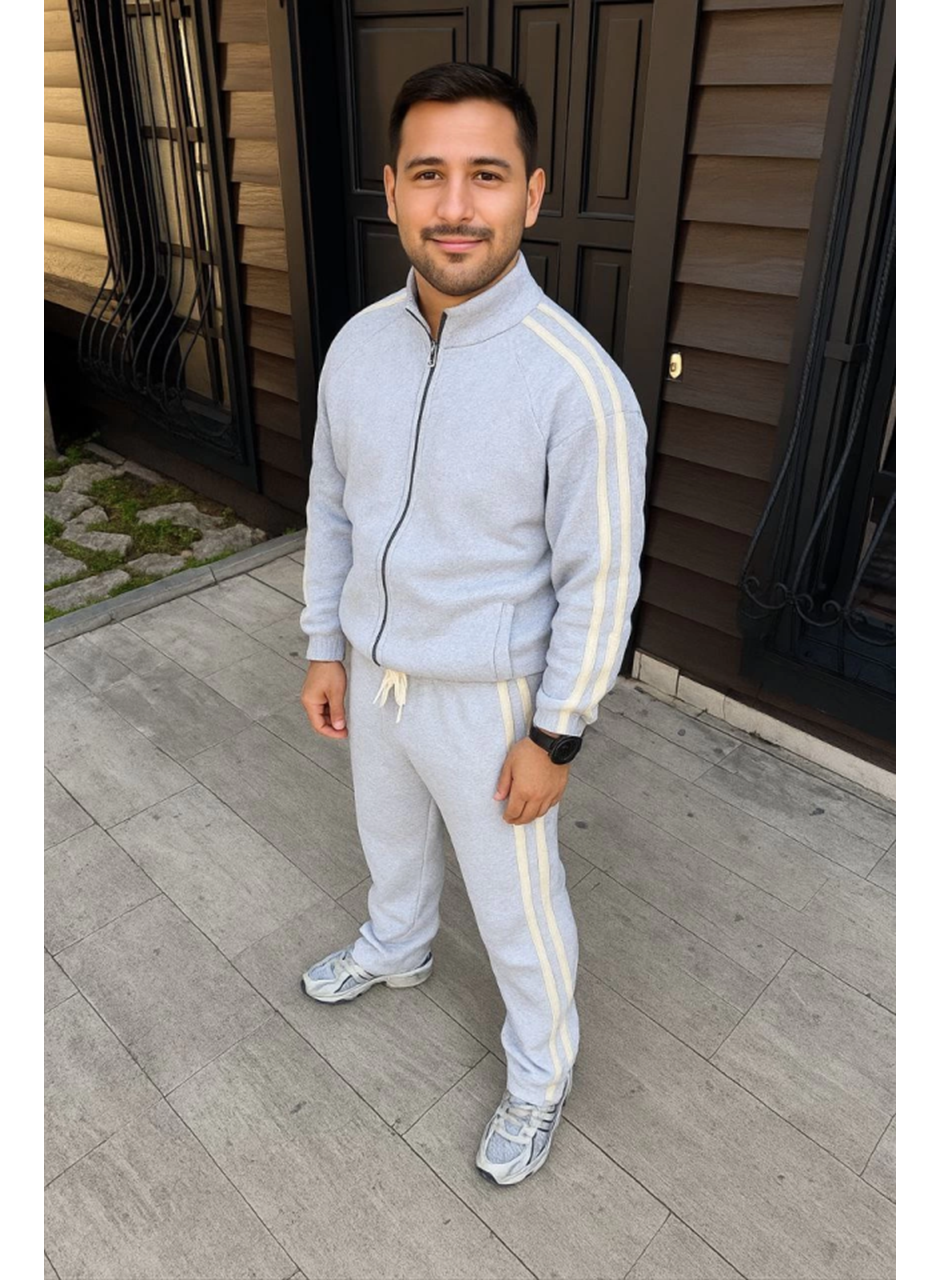 Erkek Çift Şeritli Eşofman Takım Dik Yaka Fermuarlı Sweatshirt Boru Paça Alt, Oversize 3 Iplik Pamuklu - Gri