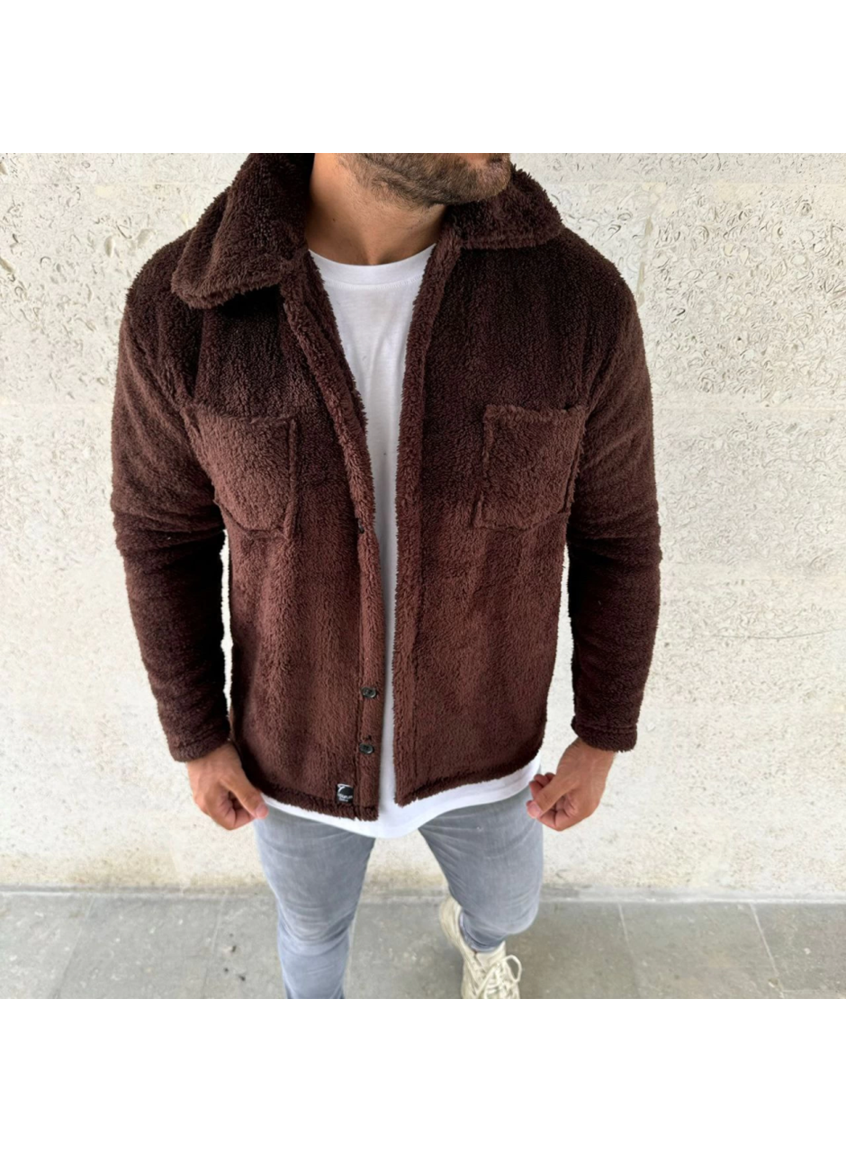 Erkek Pelüş Polar Hırka Gömlek – Yakalı, İlik Düğmeli, Göğüs Cepli, Yumuşak Dokulu Kışlık Regular Fit Rahat Günlük Model - Kahverengi