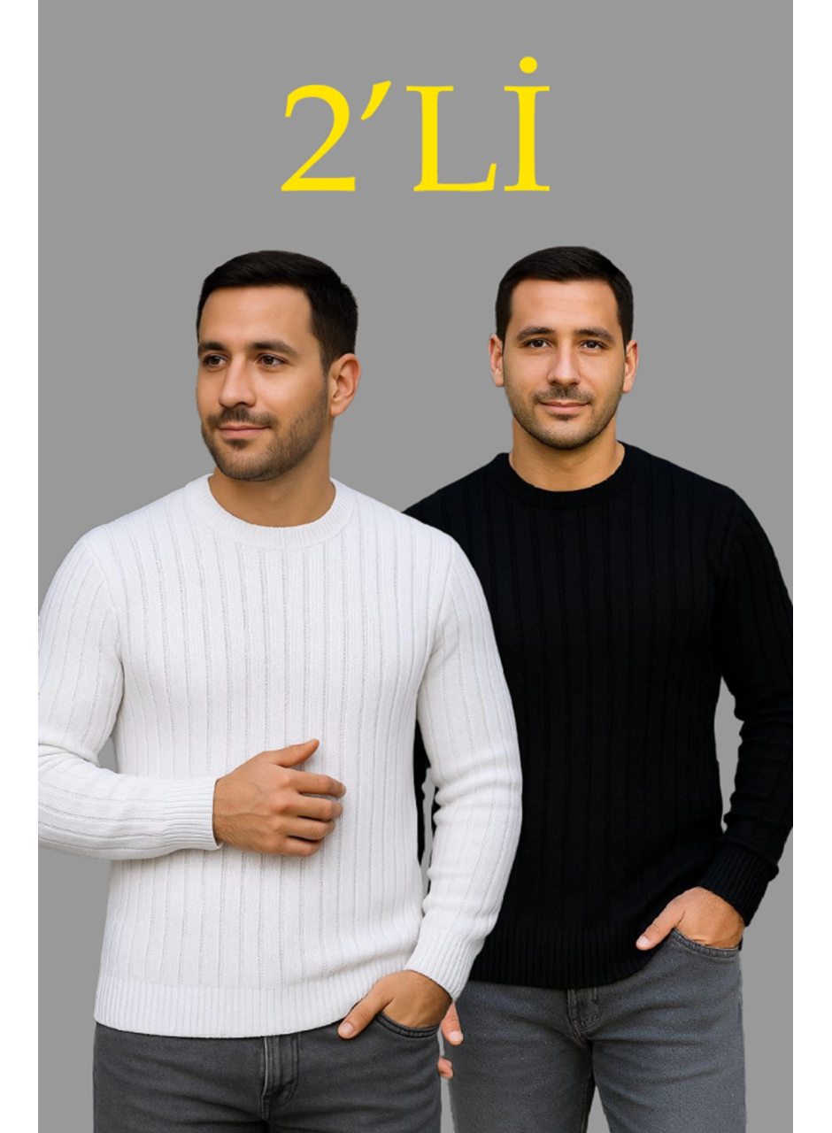 Erkek Fitilli Triko Kazak 2’li Set – Siyah - Beyaz, Kalın Dokuma Pamuklu Regular Fit Bisiklet Yaka Uzun Kollu Rahat Kışlık Kazak Kombini