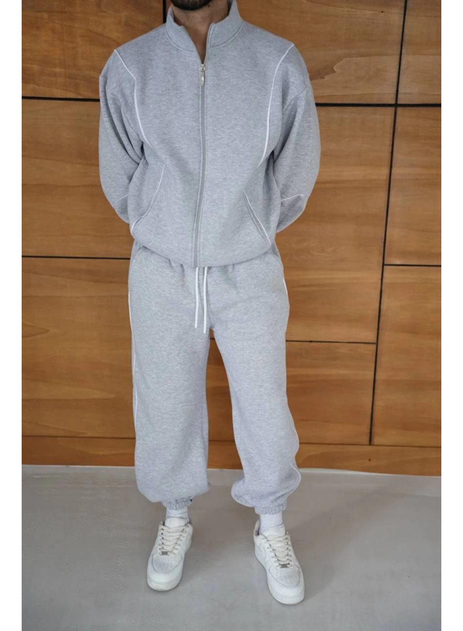 Erkek Premium Parçalı Eşofman Takım - Dik Yaka Fermuarlı Biyeli Sweatshirt Lastik Paça Alt, Oversize 3 Iplik Şardonlu - Gri