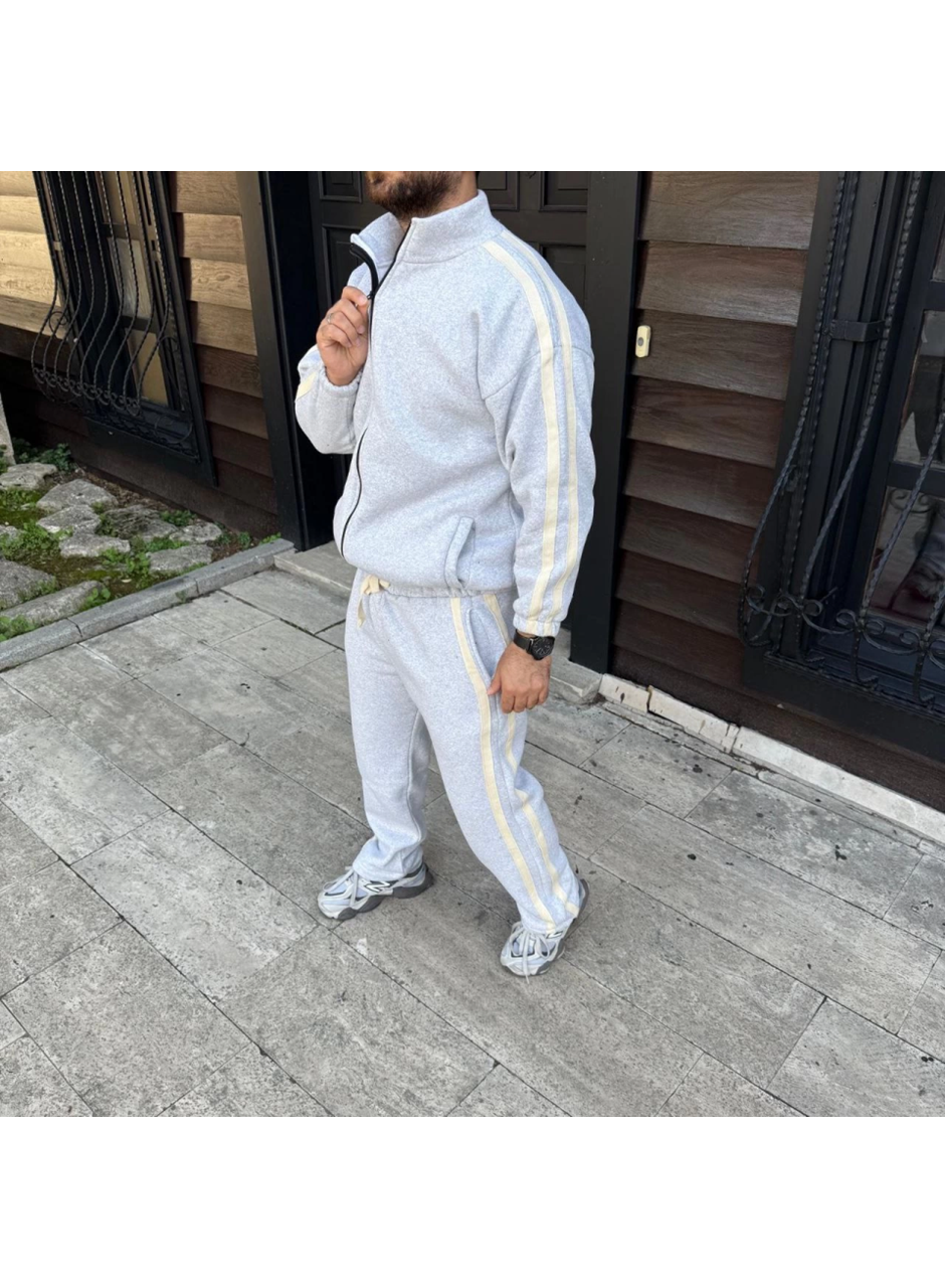 Erkek Çift Şeritli Eşofman Takım Dik Yaka Fermuarlı Sweatshirt Boru Paça Alt, Oversize 3 Iplik Pamuklu - Gri