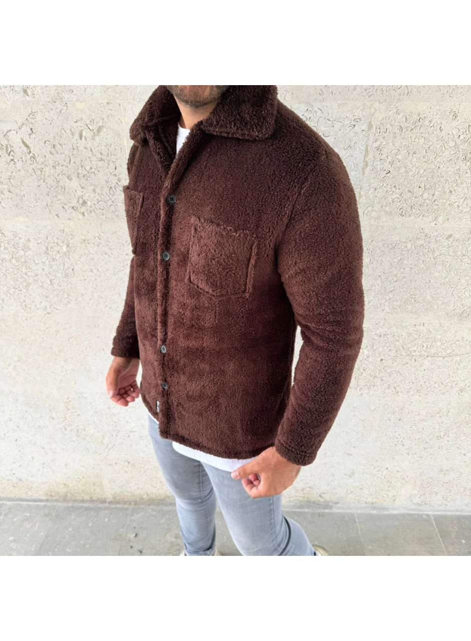 Erkek Pelüş Polar Hırka Gömlek – Yakalı, İlik Düğmeli, Göğüs Cepli, Yumuşak Dokulu Kışlık Regular Fit Rahat Günlük Model - Kahverengi