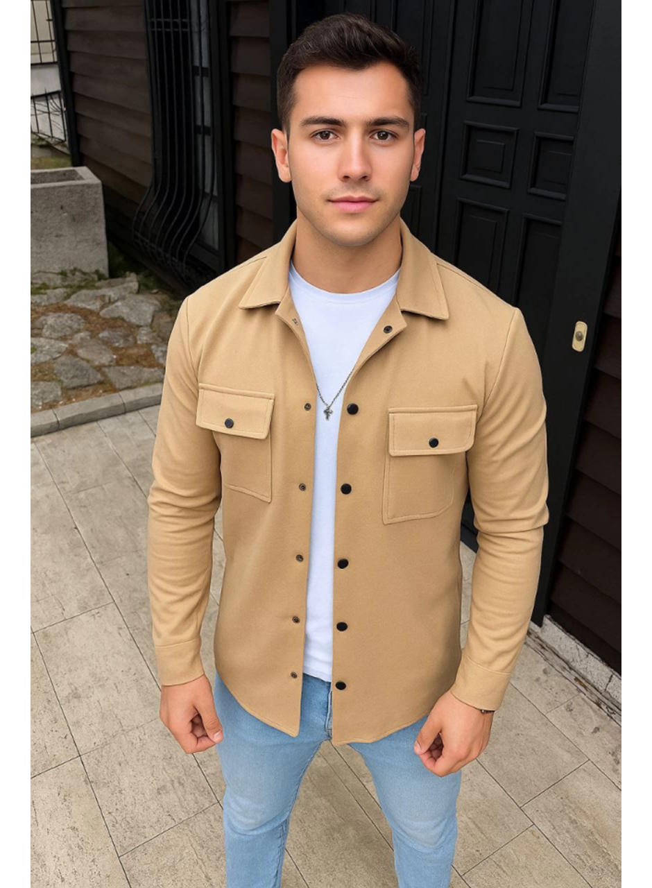 Erkek Diagonal Kumaş Cepli Çıtçıtlı Uzun Kollu, Gömlek Oversize Rahat Kalıp Günlük Şık Stil - Bej