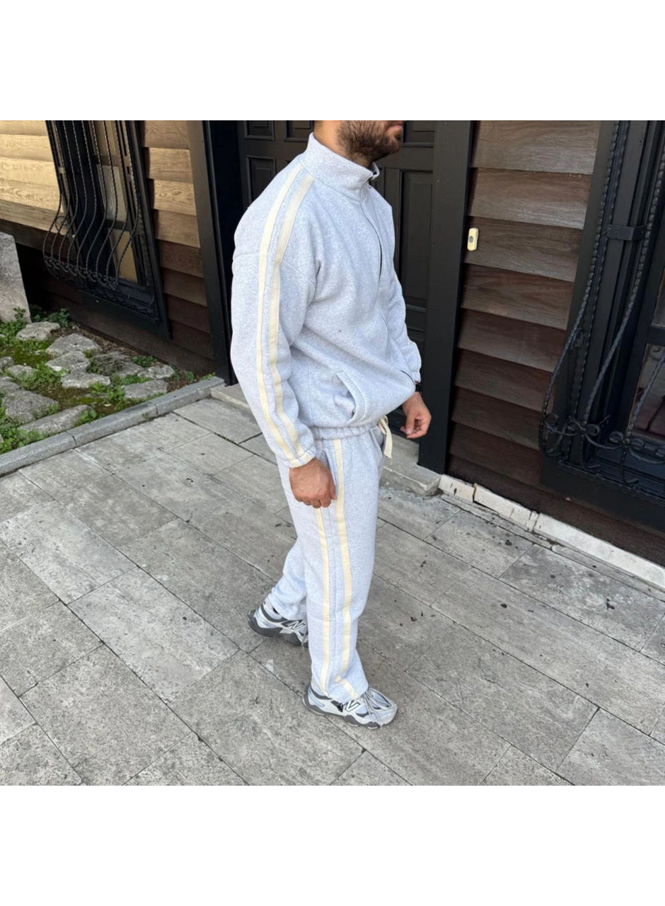 Erkek Çift Şeritli Eşofman Takım Dik Yaka Fermuarlı Sweatshirt Boru Paça Alt, Oversize 3 Iplik Pamuklu - Gri