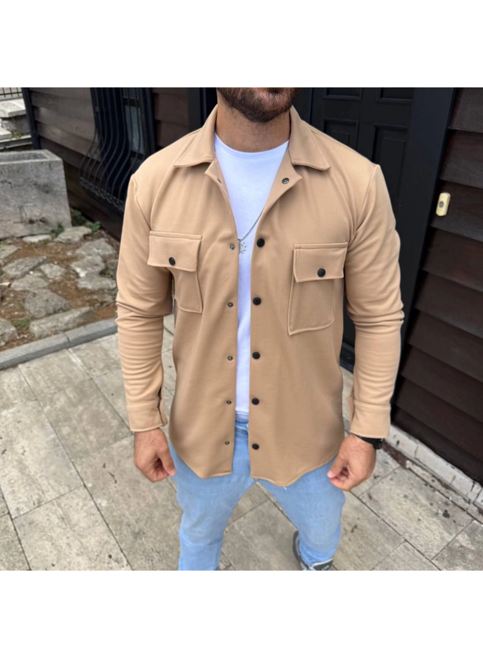 Erkek Diagonal Kumaş Cepli Çıtçıtlı Uzun Kollu, Gömlek Oversize Rahat Kalıp Günlük Şık Stil - Bej