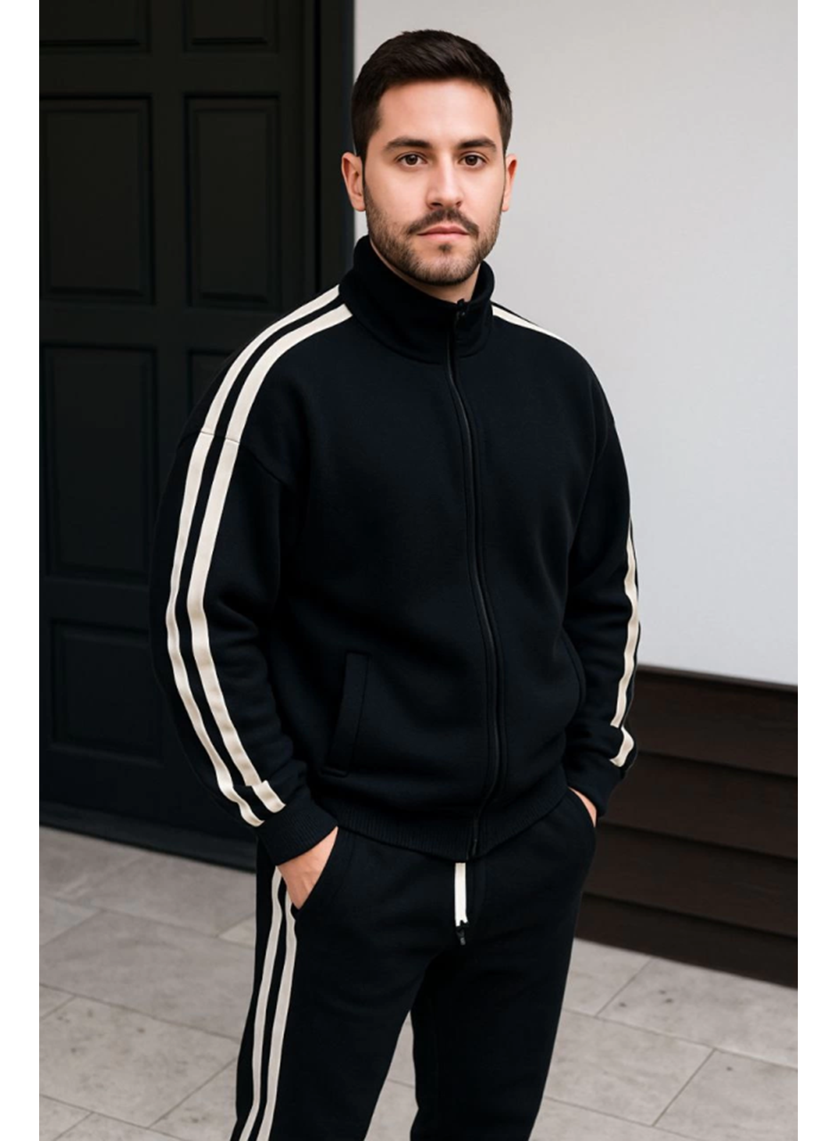Erkek Çift Şeritli Eşofman Takım Dik Yaka Fermuarlı Sweatshirt Boru Paça Alt, Oversize 3 Iplik Pamuklu - Siyah