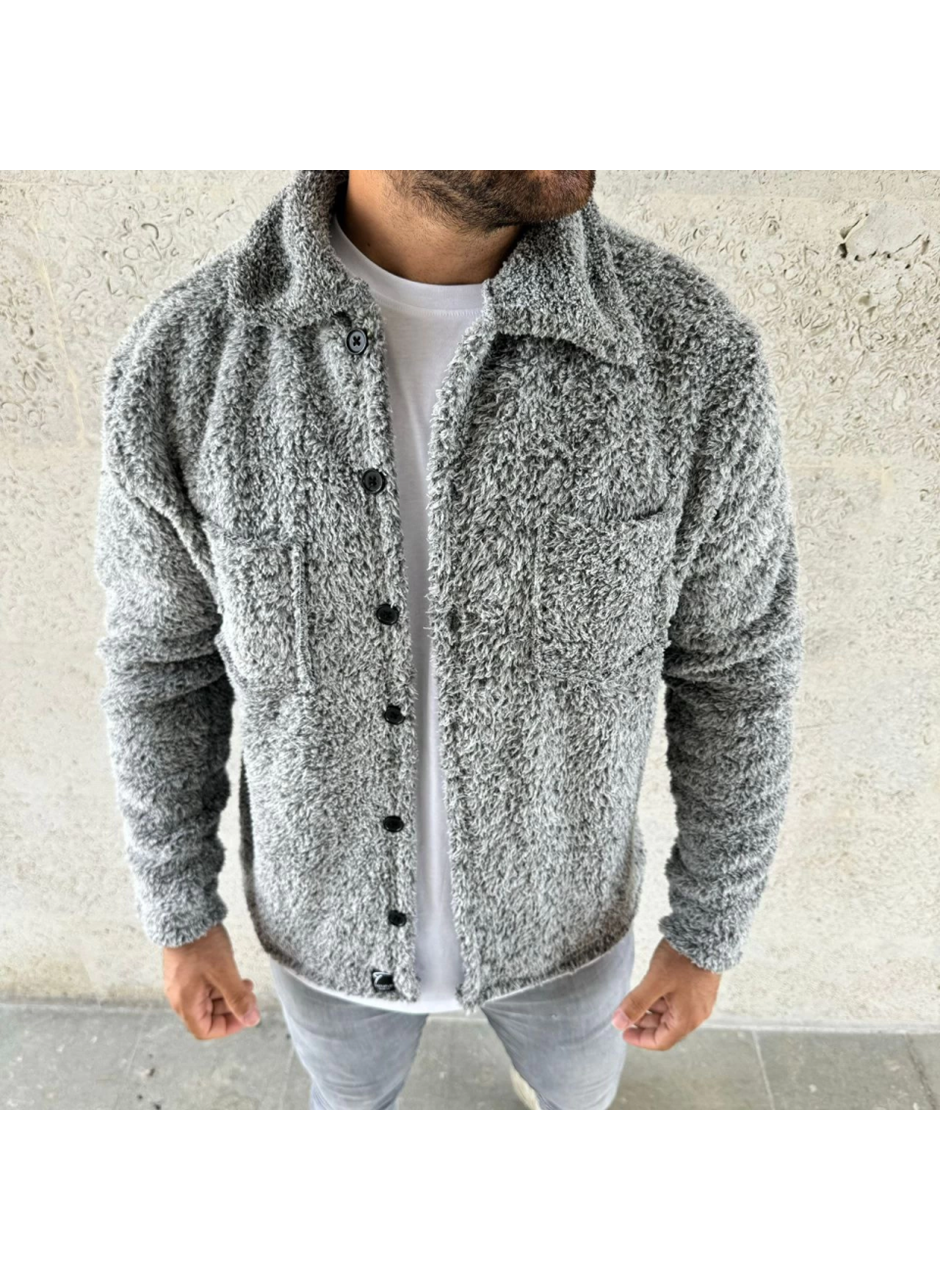 Erkek Pelüş Polar Hırka Gömlek – Yakalı, İlik Düğmeli, Göğüs Cepli, Yumuşak Dokulu Kışlık Regular Fit Rahat Günlük Model - Gri
