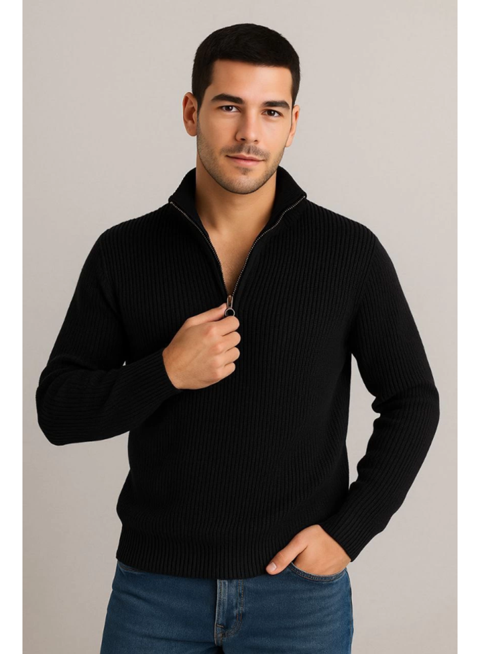Erkek Yarım Fermuarlı Triko Kazak – Selanik Örgü, Dik Yaka, Pamuklu Dokuma, Regular Fit Uzun Kollu Kışlık Model - Siyah
