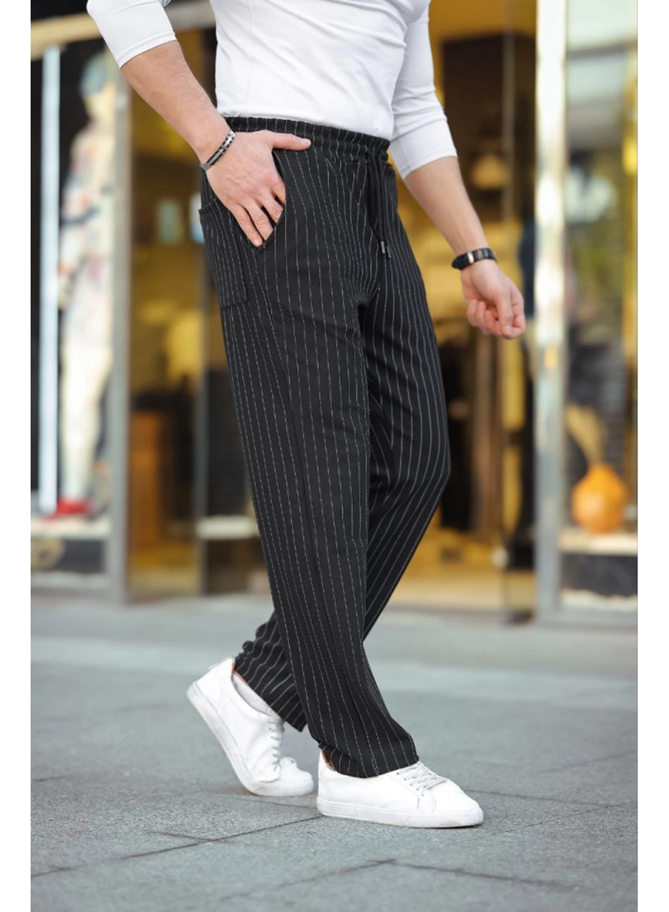 Erkek Cizgili Dokuma Krep Jogger Buggy Pantalon Rahat Kalıp - Siyah