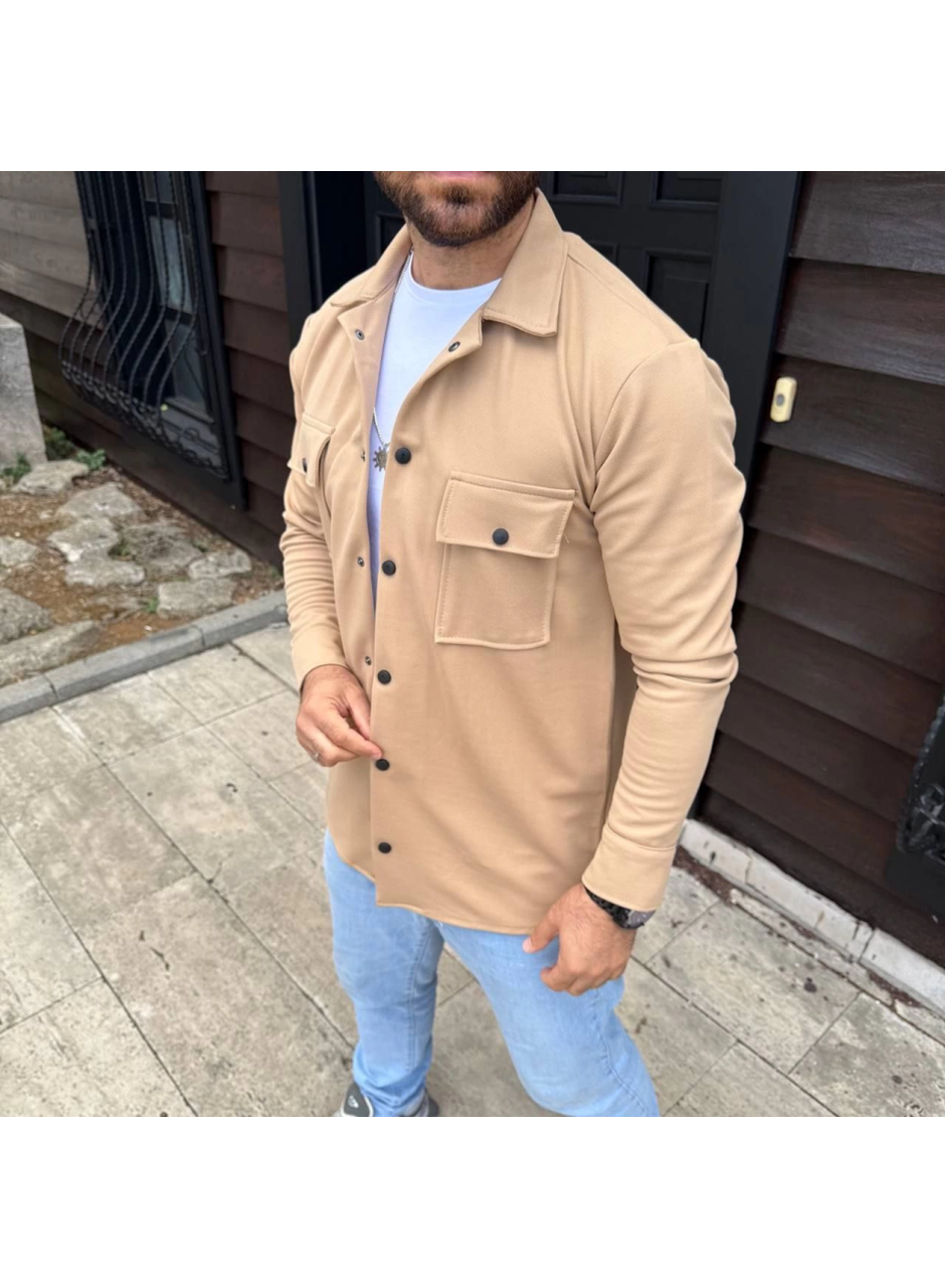 Erkek Diagonal Kumaş Cepli Çıtçıtlı Uzun Kollu, Gömlek Oversize Rahat Kalıp Günlük Şık Stil - Bej