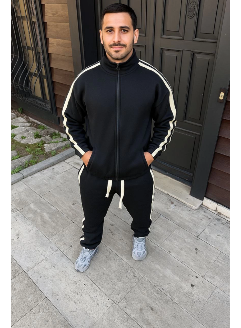 Erkek Çift Şeritli Eşofman Takım Dik Yaka Fermuarlı Sweatshirt Boru Paça Alt, Oversize 3 Iplik Pamuklu - Siyah