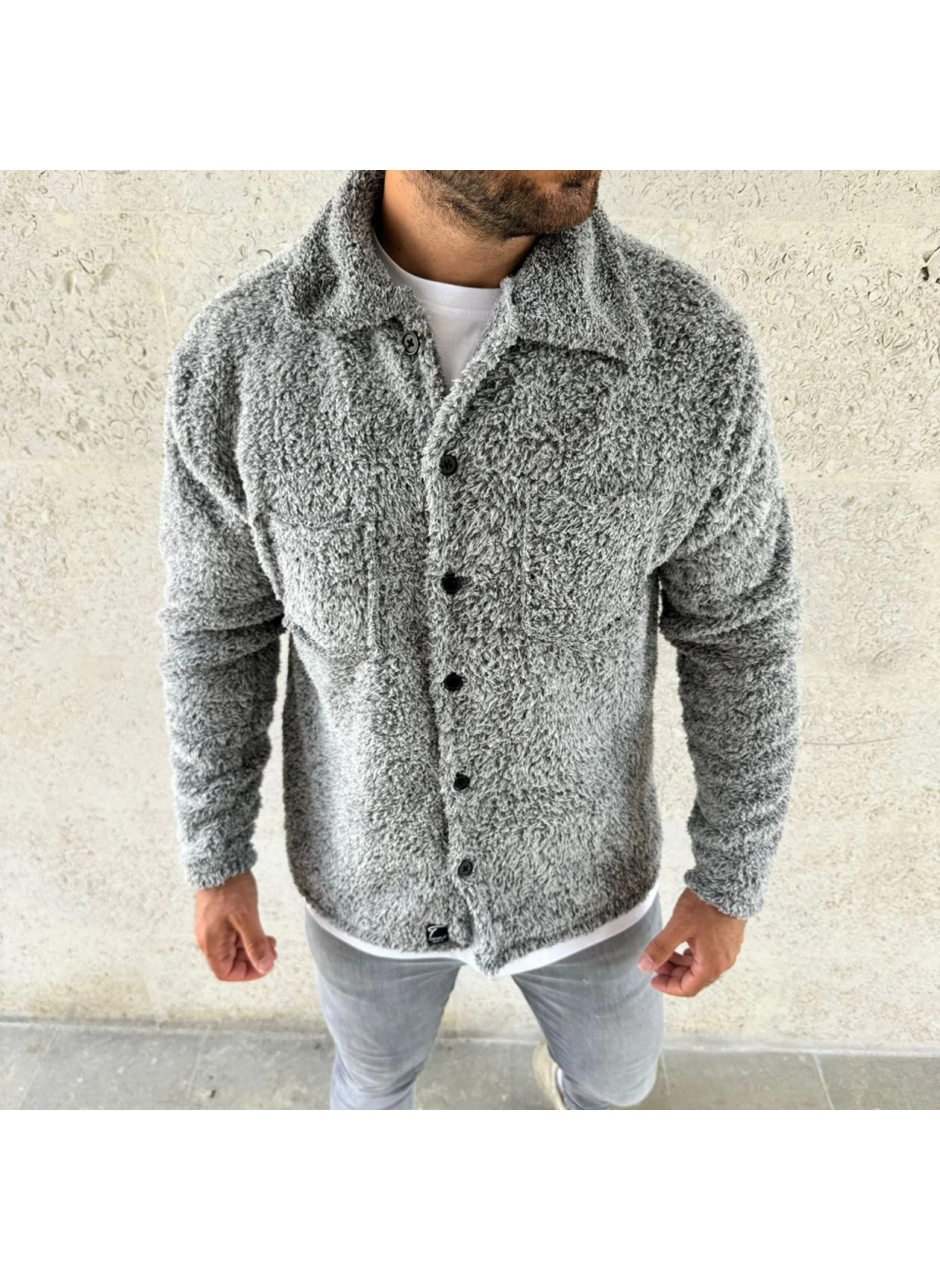 Erkek Pelüş Polar Hırka Gömlek – Yakalı, İlik Düğmeli, Göğüs Cepli, Yumuşak Dokulu Kışlık Regular Fit Rahat Günlük Model - Gri