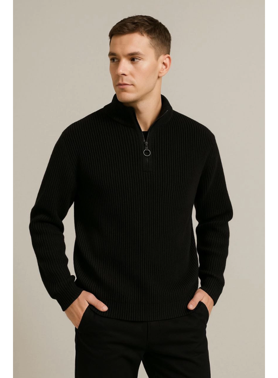 Erkek Yarım Fermuarlı Triko Kazak – Selanik Örgü, Dik Yaka, Pamuklu Dokuma, Regular Fit Uzun Kollu Kışlık Model - Siyah