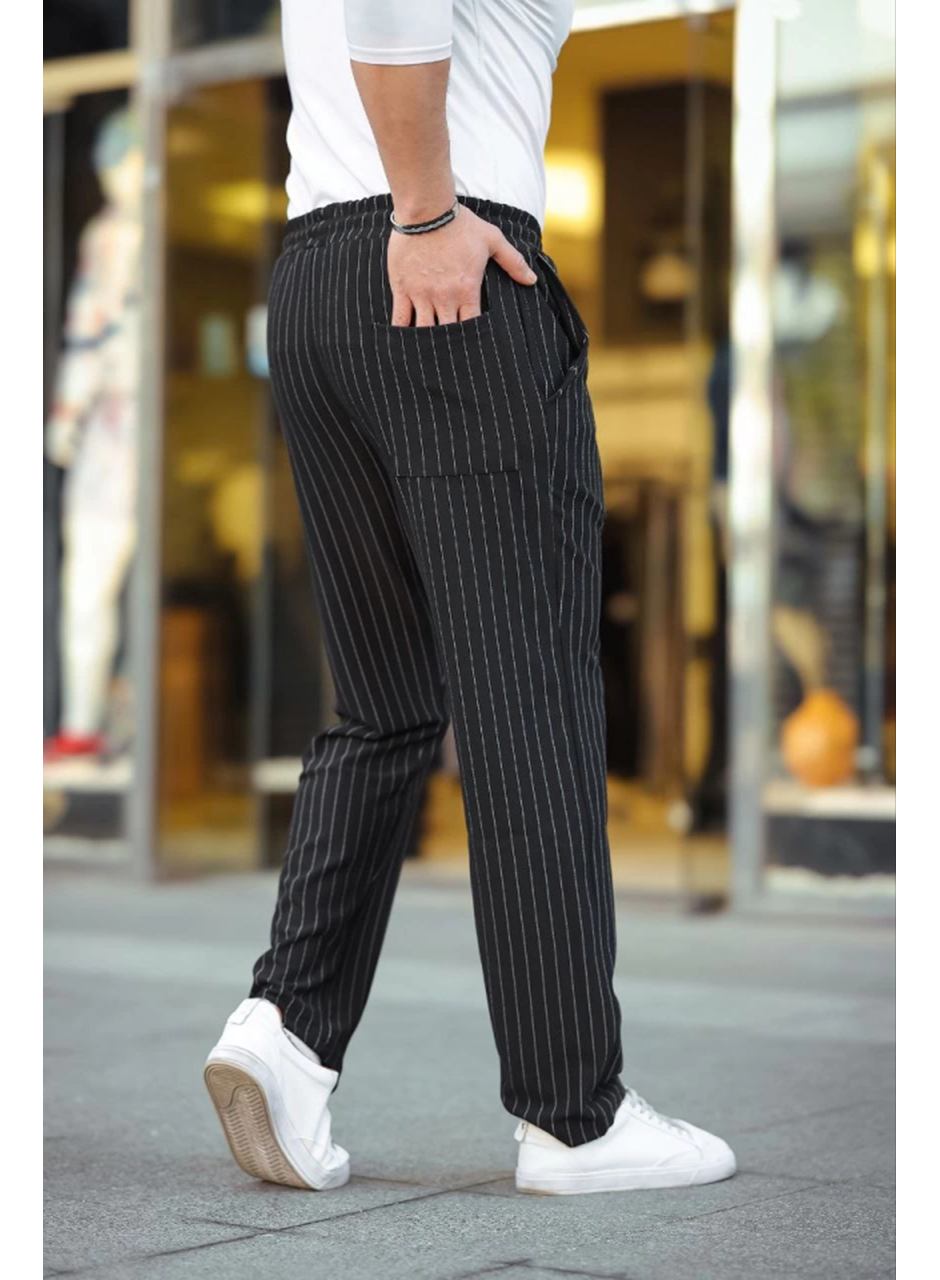 Erkek Cizgili Dokuma Krep Jogger Buggy Pantalon Rahat Kalıp - Siyah