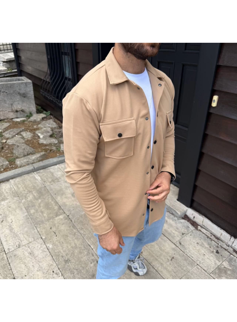 Erkek Diagonal Kumaş Cepli Çıtçıtlı Uzun Kollu, Gömlek Oversize Rahat Kalıp Günlük Şık Stil - Bej