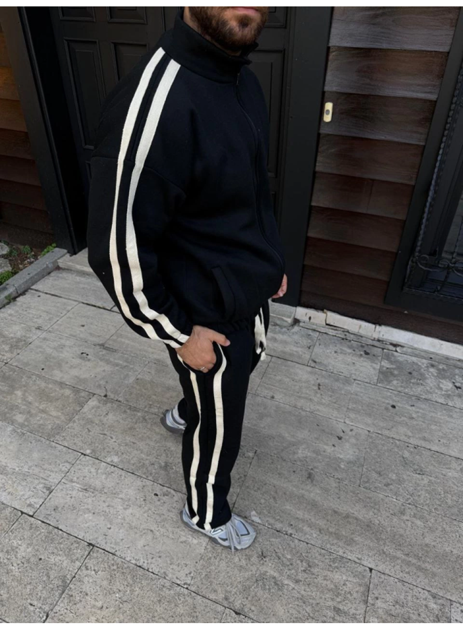 Erkek Çift Şeritli Eşofman Takım Dik Yaka Fermuarlı Sweatshirt Boru Paça Alt, Oversize 3 Iplik Pamuklu - Siyah