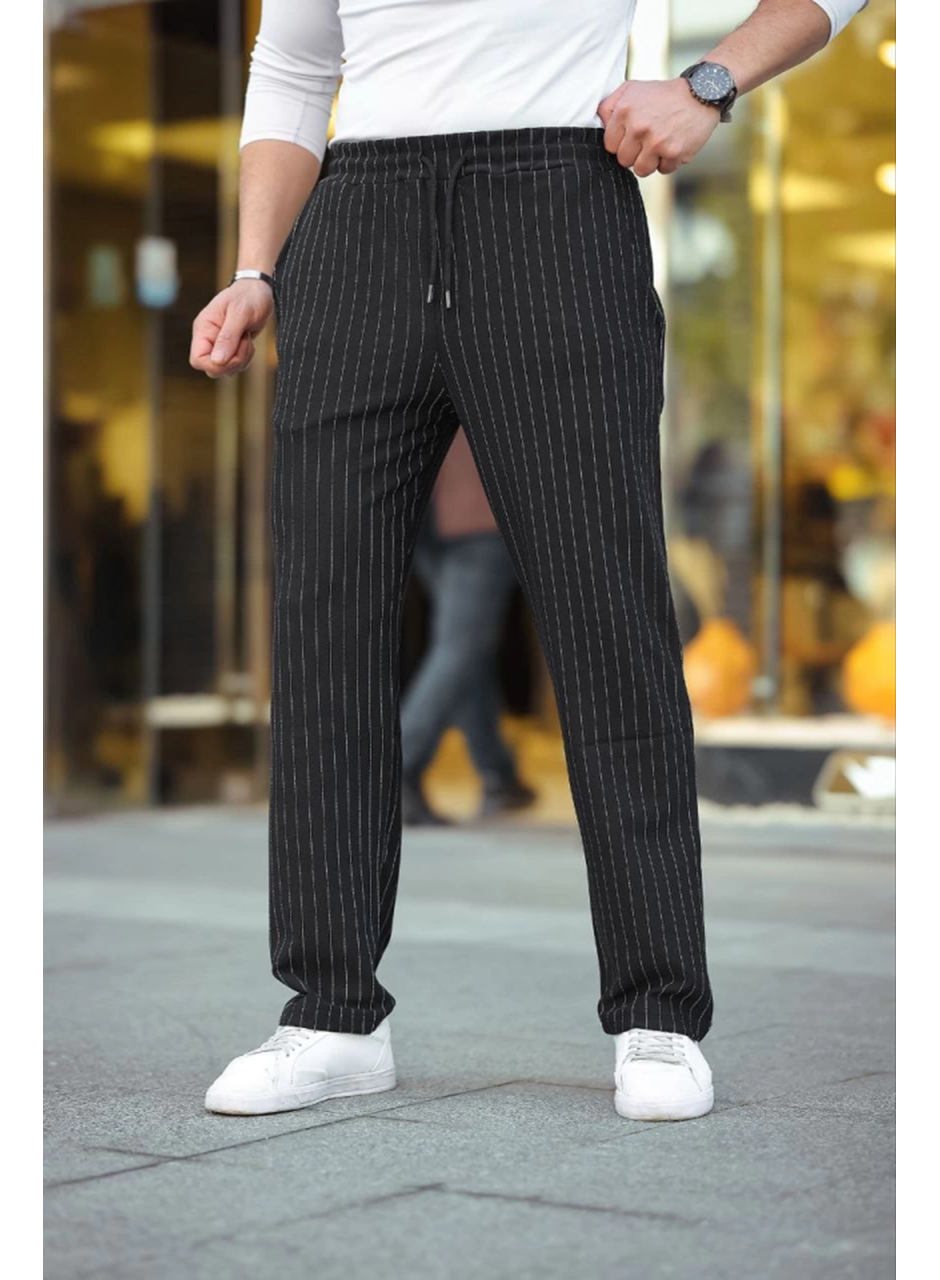 Erkek Cizgili Dokuma Krep Jogger Buggy Pantalon Rahat Kalıp - Siyah