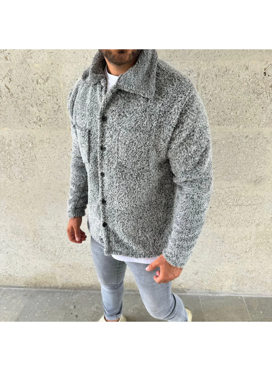 Erkek Pelüş Polar Hırka Gömlek – Yakalı, İlik Düğmeli, Göğüs Cepli, Yumuşak Dokulu Kışlık Regular Fit Rahat Günlük Model - Gri