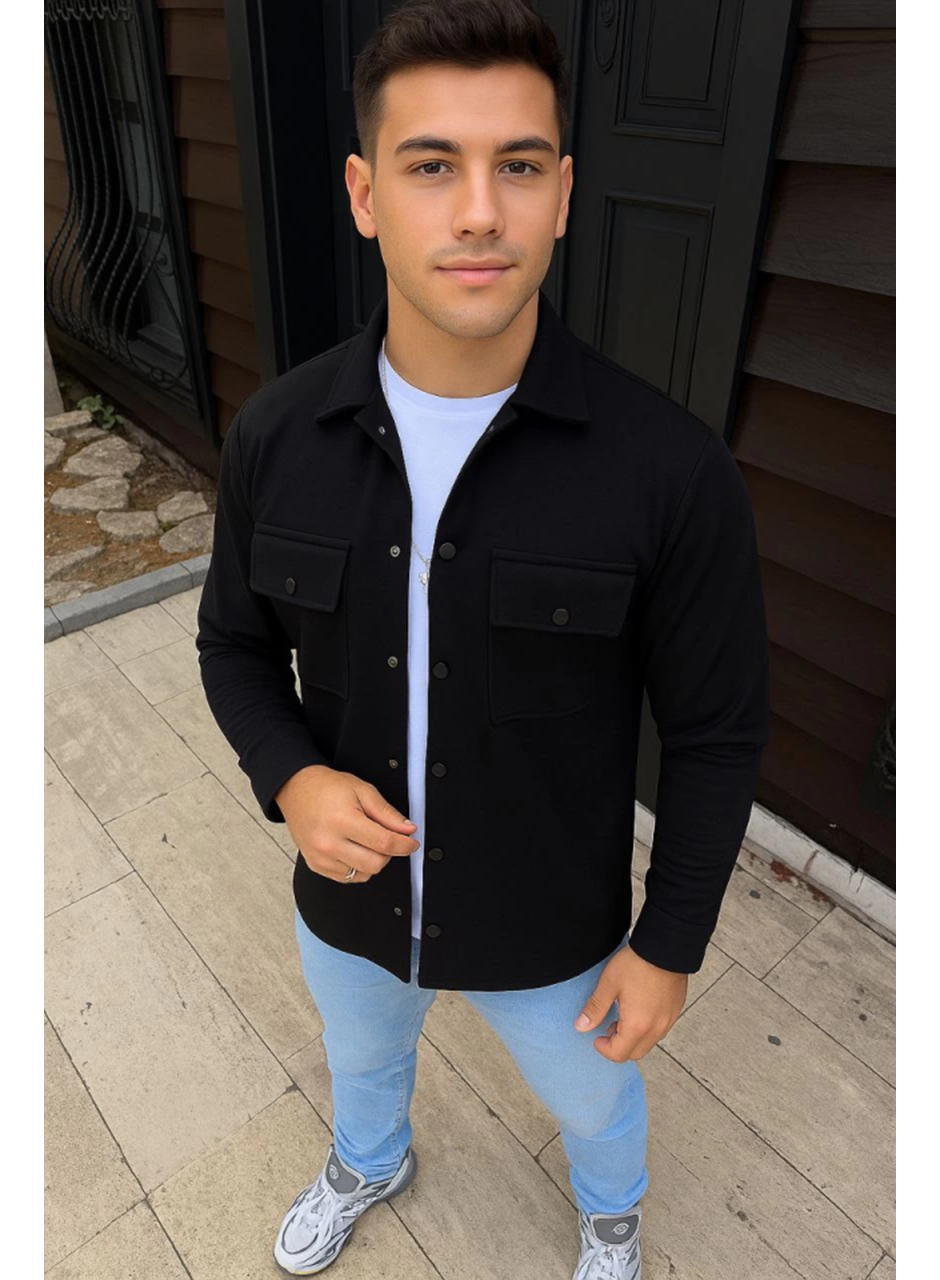 Erkek Diagonal Kumaş Cepli Çıtçıtlı Uzun Kollu, Gömlek Oversize Rahat Kalıp Günlük Şık Stil - Siyah