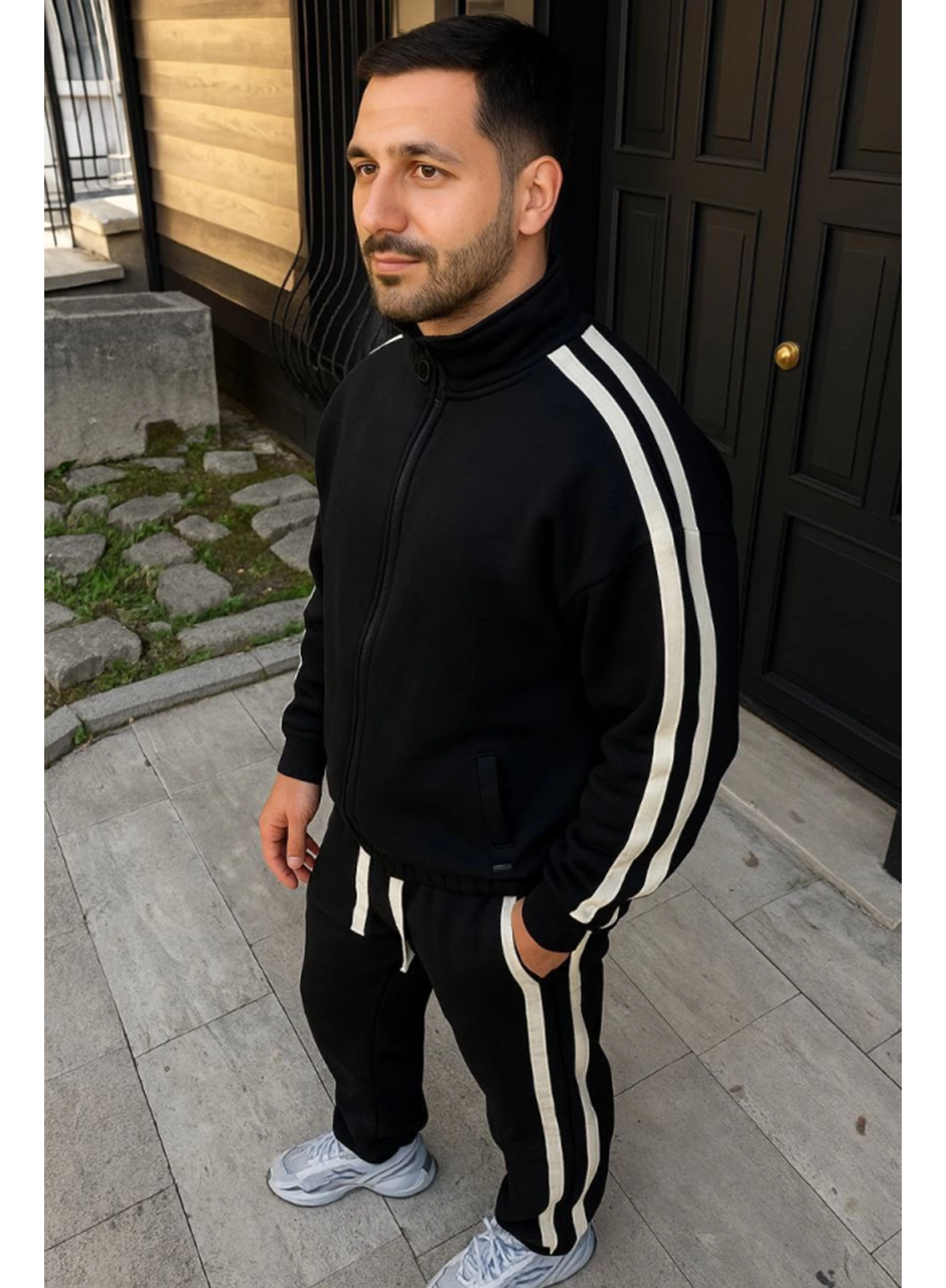 Erkek Çift Şeritli Eşofman Takım Dik Yaka Fermuarlı Sweatshirt Boru Paça Alt, Oversize 3 Iplik Pamuklu - Siyah