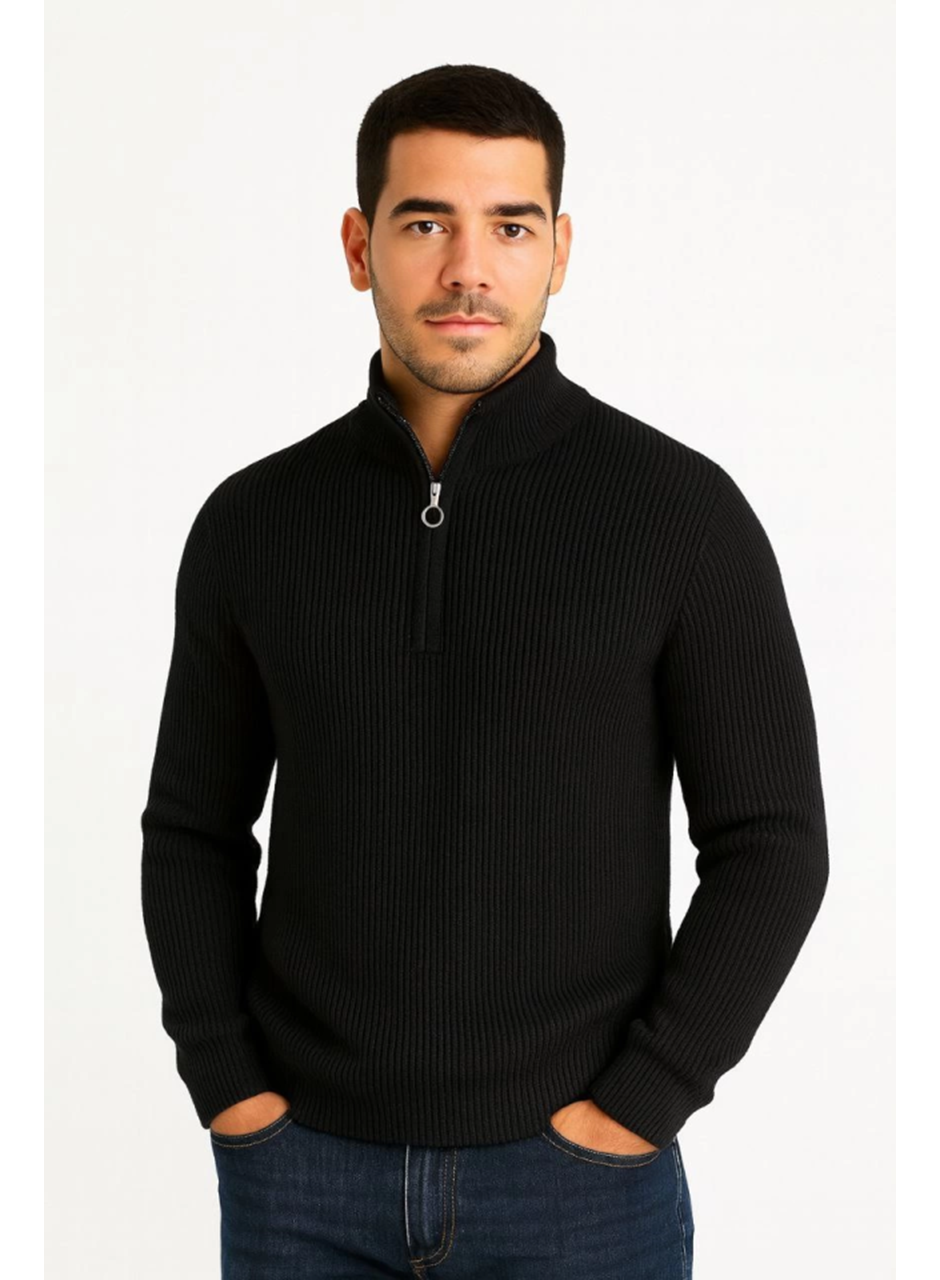 Erkek Yarım Fermuarlı Triko Kazak – Selanik Örgü, Dik Yaka, Pamuklu Dokuma, Regular Fit Uzun Kollu Kışlık Model - Siyah