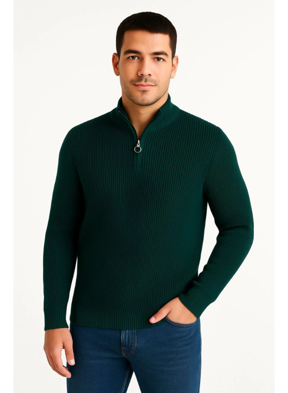 Erkek Yarım Fermuarlı Triko Kazak – Selanik Örgü, Dik Yaka, Pamuklu Dokuma, Regular Fit Uzun Kollu Kışlık Model - Haki