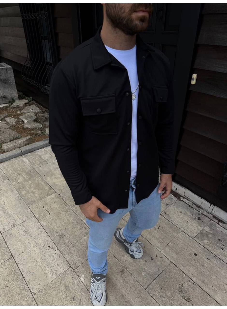 Erkek Diagonal Kumaş Cepli Çıtçıtlı Uzun Kollu, Gömlek Oversize Rahat Kalıp Günlük Şık Stil - Siyah