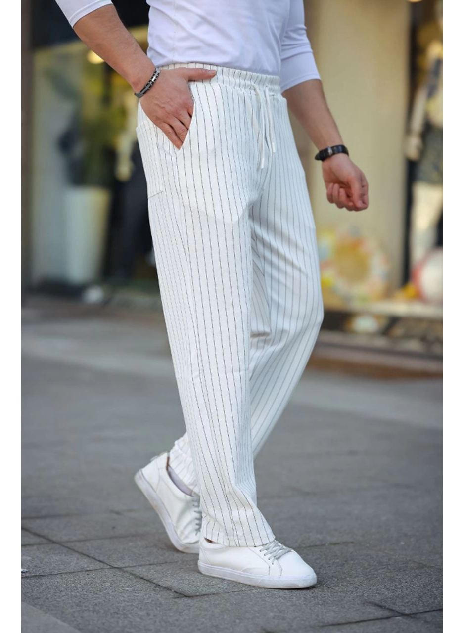 Erkek Cizgili Dokuma Krep Jogger Buggy Pantalon Rahat Kalıp - Beyaz