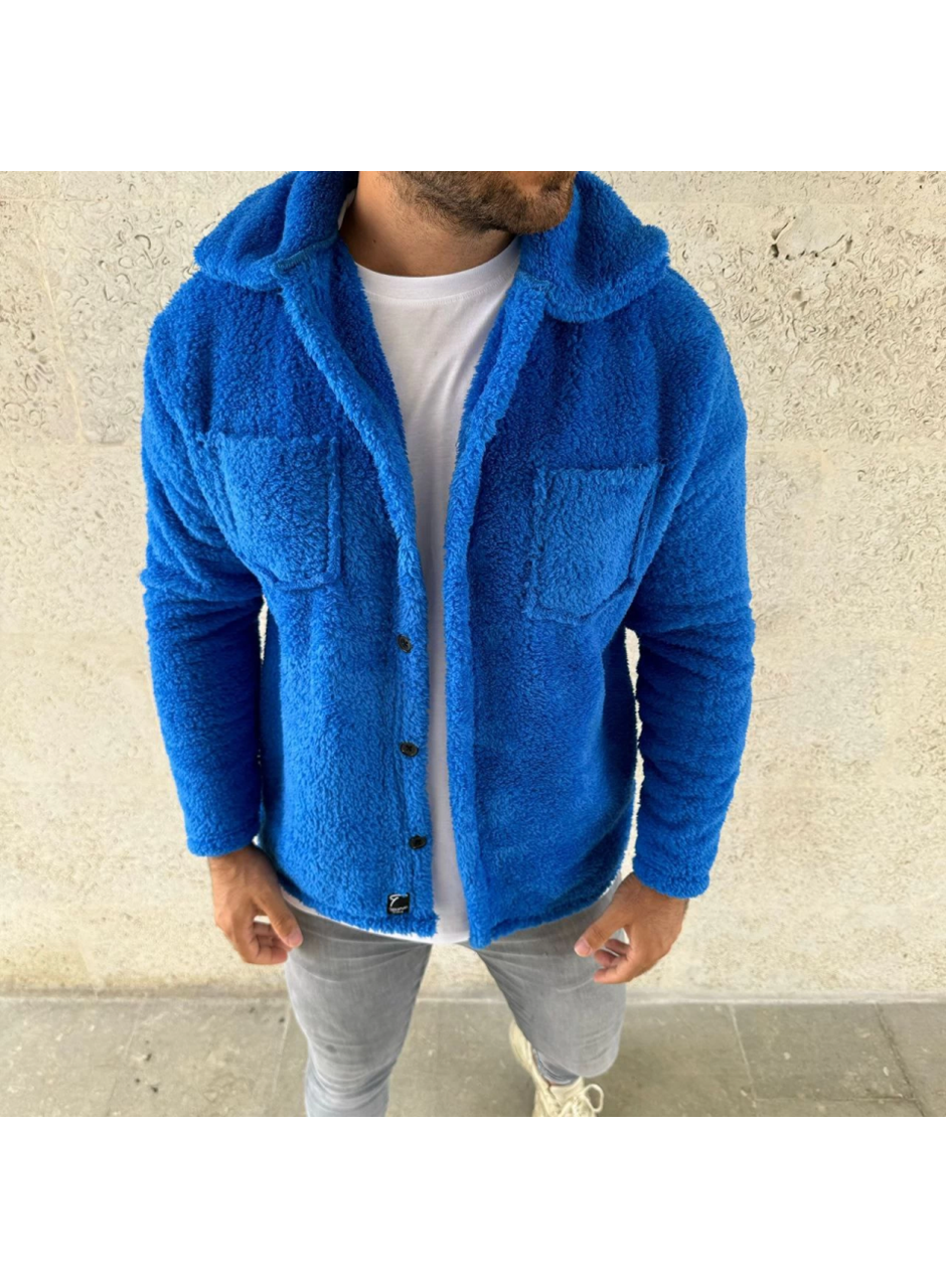 Erkek Pelüş Polar Hırka Gömlek – Yakalı, İlik Düğmeli, Göğüs Cepli, Yumuşak Dokulu Kışlık Regular Fit Rahat Günlük Model - Saks Mavisi