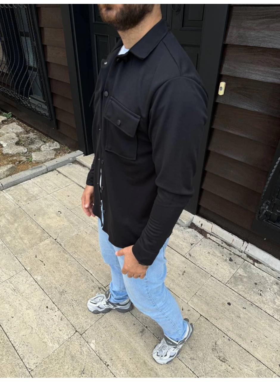 Erkek Diagonal Kumaş Cepli Çıtçıtlı Uzun Kollu, Gömlek Oversize Rahat Kalıp Günlük Şık Stil - Siyah