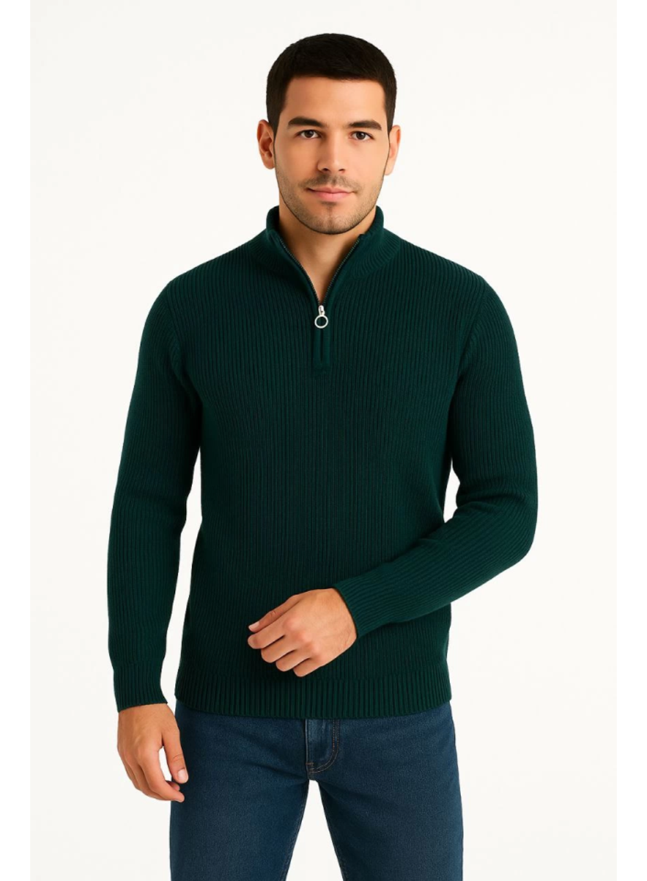 Erkek Yarım Fermuarlı Triko Kazak – Selanik Örgü, Dik Yaka, Pamuklu Dokuma, Regular Fit Uzun Kollu Kışlık Model - Haki