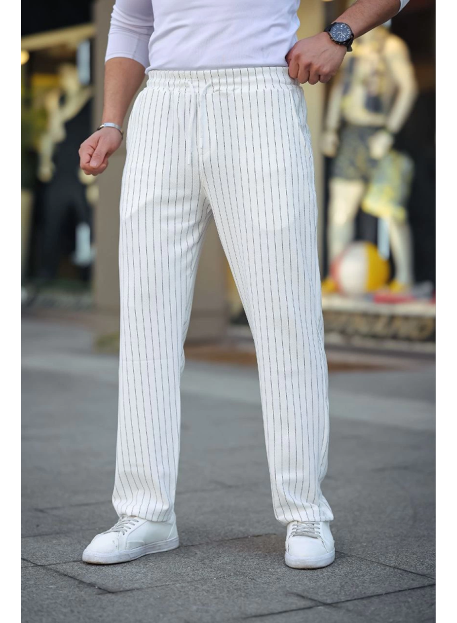 Erkek Cizgili Dokuma Krep Jogger Buggy Pantalon Rahat Kalıp - Beyaz