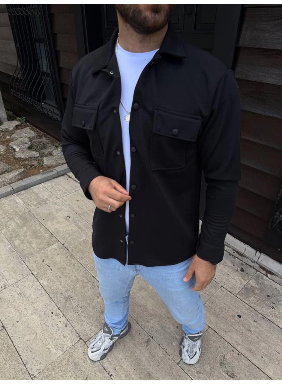 Erkek Diagonal Kumaş Cepli Çıtçıtlı Uzun Kollu, Gömlek Oversize Rahat Kalıp Günlük Şık Stil - Siyah