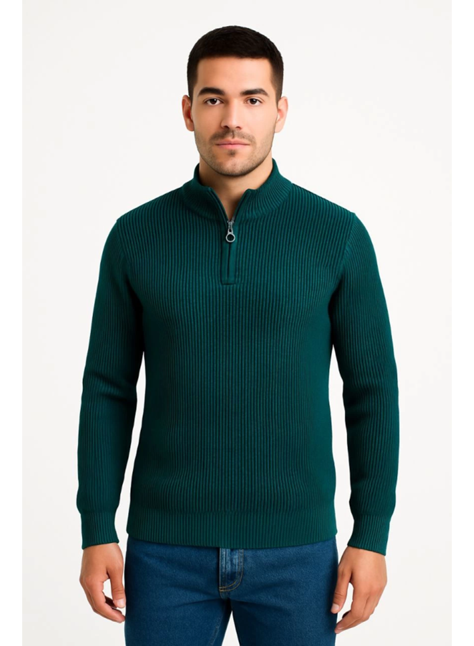 Erkek Yarım Fermuarlı Triko Kazak – Selanik Örgü, Dik Yaka, Pamuklu Dokuma, Regular Fit Uzun Kollu Kışlık Model - Haki