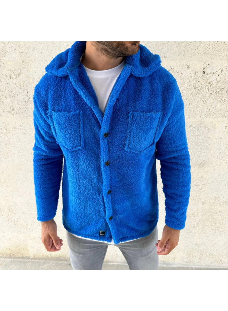 Erkek Pelüş Polar Hırka Gömlek – Yakalı, İlik Düğmeli, Göğüs Cepli, Yumuşak Dokulu Kışlık Regular Fit Rahat Günlük Model - Saks Mavisi