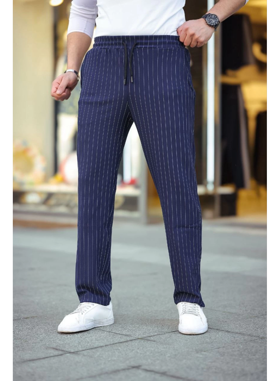Erkek Cizgili Dokuma Krep Jogger Buggy Pantalon Rahat Kalıp - Lacivert