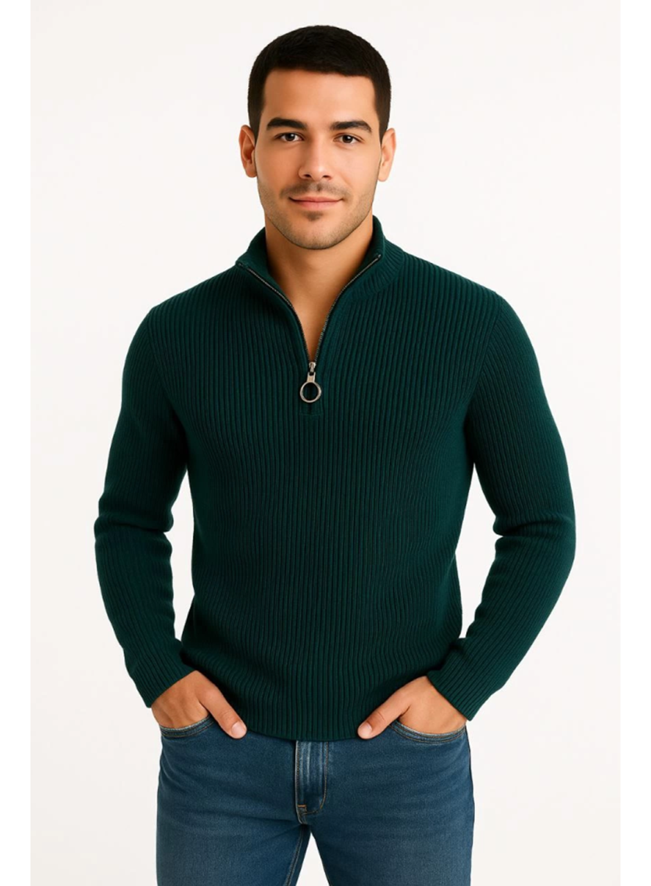 Erkek Yarım Fermuarlı Triko Kazak – Selanik Örgü, Dik Yaka, Pamuklu Dokuma, Regular Fit Uzun Kollu Kışlık Model - Haki