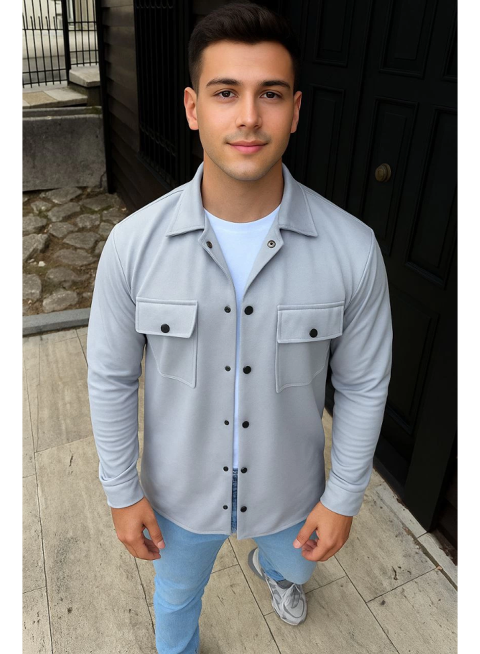 Erkek Diagonal Kumaş Cepli Çıtçıtlı Uzun Kollu, Gömlek Oversize Rahat Kalıp Günlük Şık Stil - Gri
