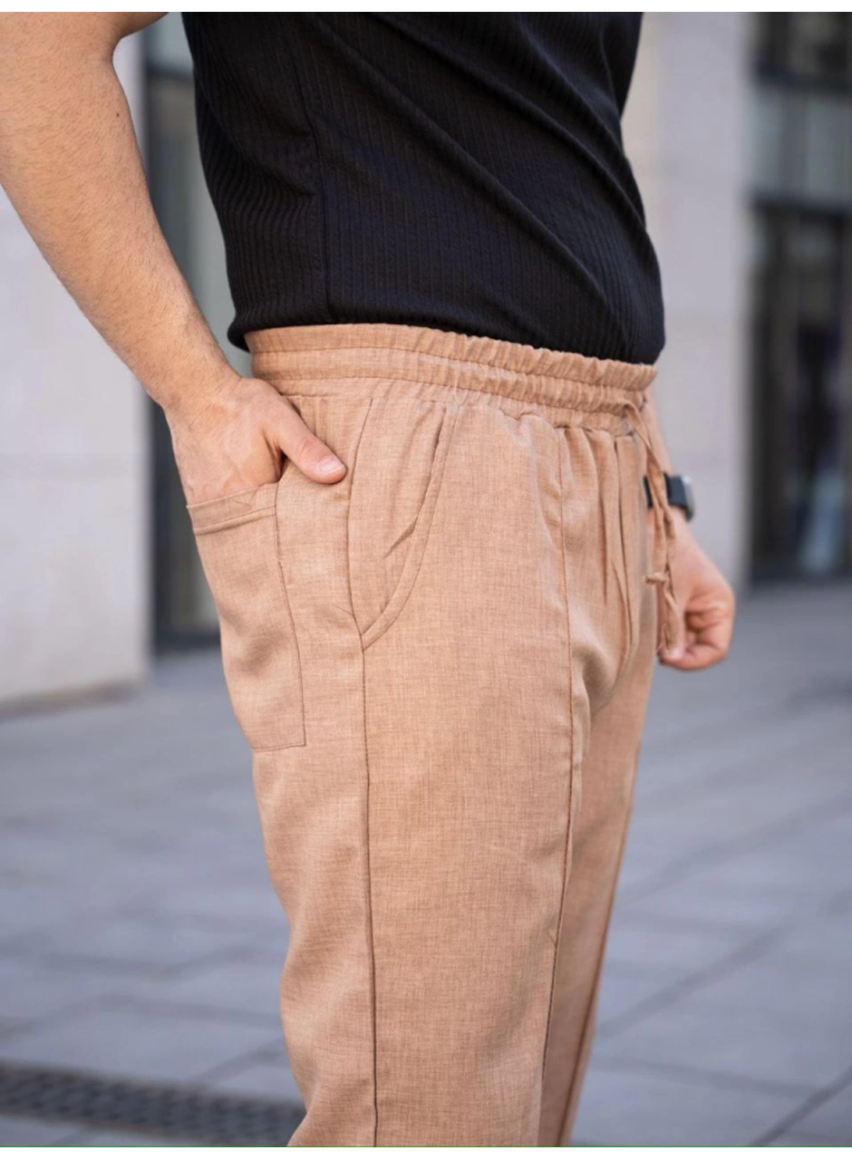 Erkek Keten Cepli Çıma Dikişli Jogger Buggy Pantalon Rahat Kalıp - Kahverengi