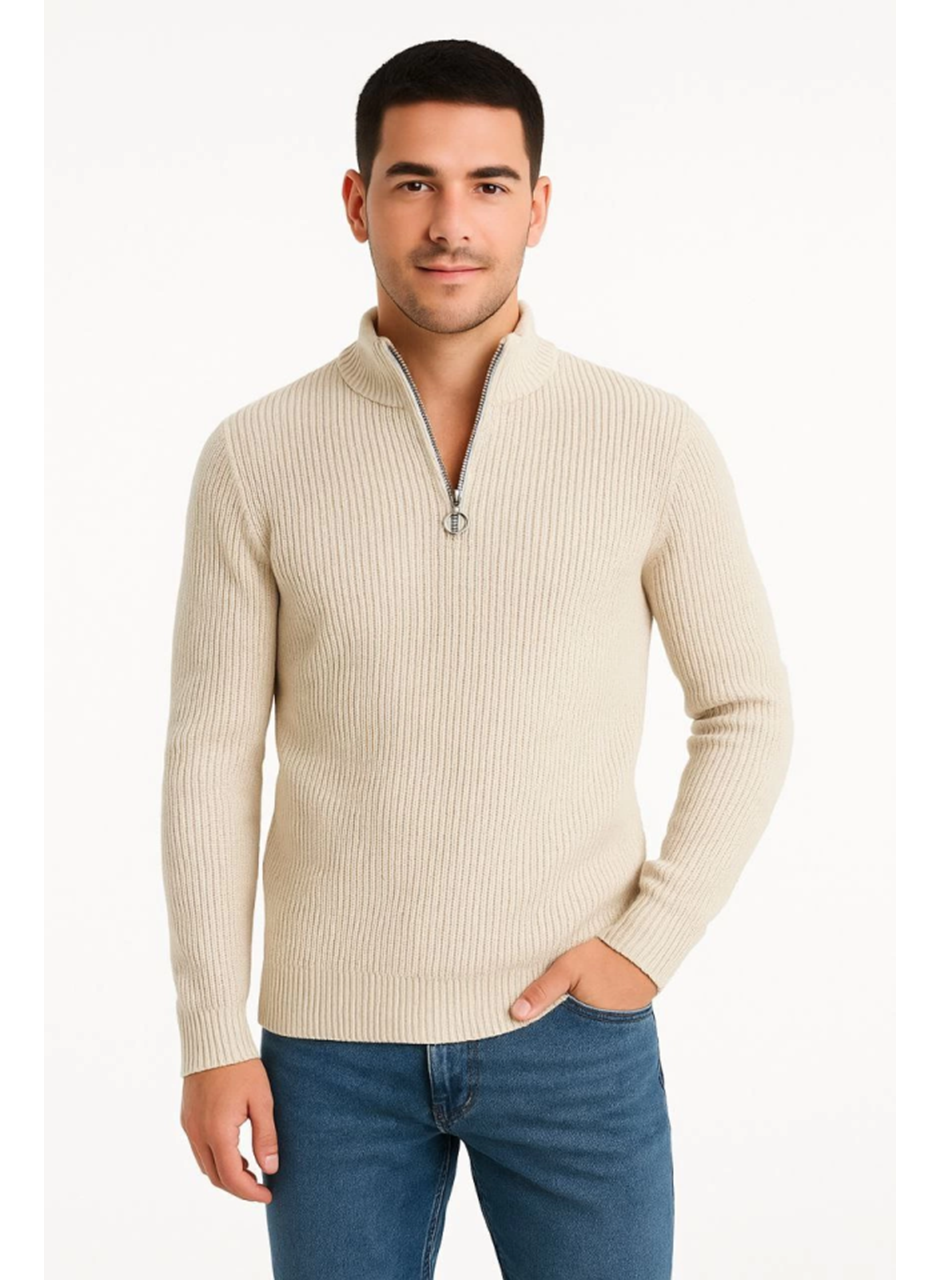 Erkek Yarım Fermuarlı Triko Kazak – Selanik Örgü, Dik Yaka, Pamuklu Dokuma, Regular Fit Uzun Kollu Kışlık Model - Bej
