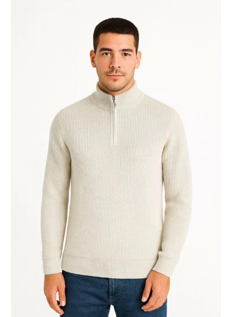 Erkek Yarım Fermuarlı Triko Kazak – Selanik Örgü, Dik Yaka, Pamuklu Dokuma, Regular Fit Uzun Kollu Kışlık Model - Bej