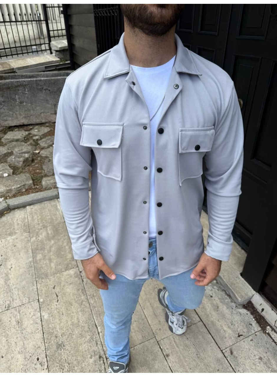 Erkek Diagonal Kumaş Cepli Çıtçıtlı Uzun Kollu, Gömlek Oversize Rahat Kalıp Günlük Şık Stil - Gri