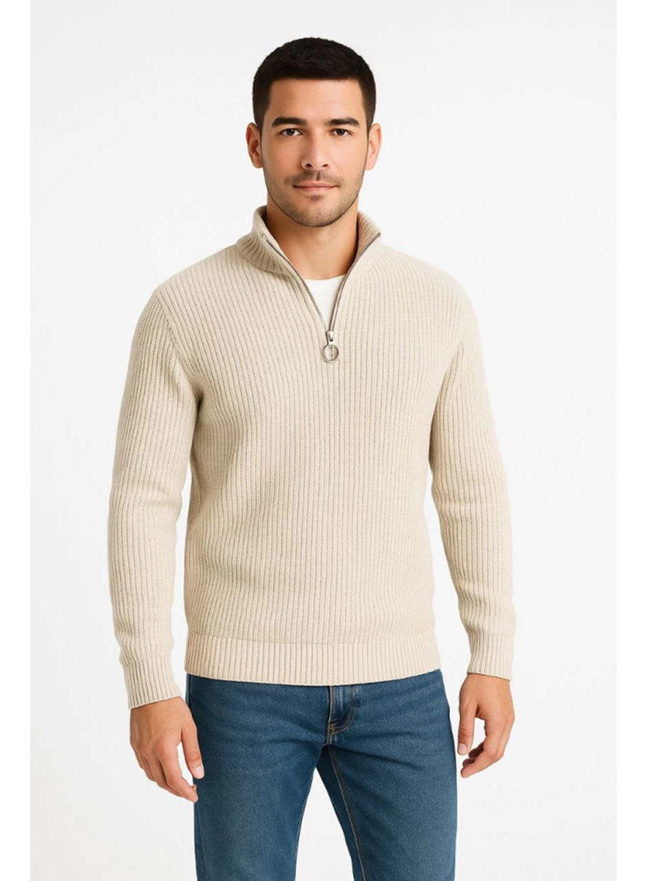 Erkek Yarım Fermuarlı Triko Kazak – Selanik Örgü, Dik Yaka, Pamuklu Dokuma, Regular Fit Uzun Kollu Kışlık Model - Bej