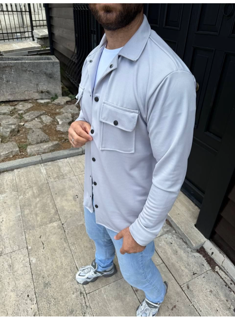 Erkek Diagonal Kumaş Cepli Çıtçıtlı Uzun Kollu, Gömlek Oversize Rahat Kalıp Günlük Şık Stil - Gri