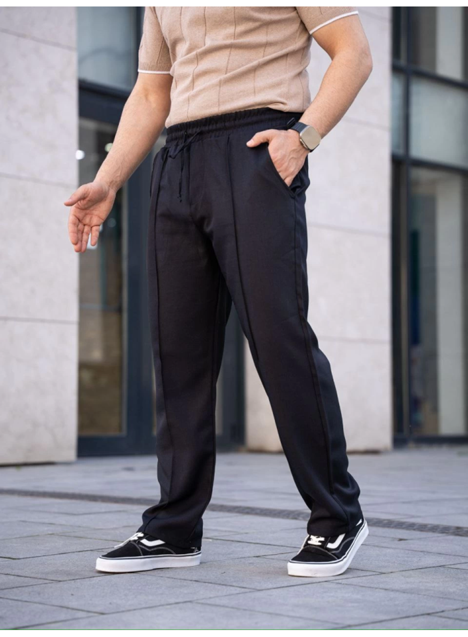 Erkek Keten Cepli Çıma Dikişli Jogger Buggy Pantalon Rahat Kalıp - Siyah