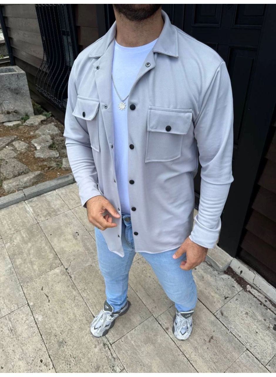 Erkek Diagonal Kumaş Cepli Çıtçıtlı Uzun Kollu, Gömlek Oversize Rahat Kalıp Günlük Şık Stil - Gri